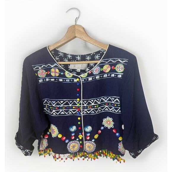 Platinum Dorothy Schoelen Blue Beaded Lagen Art Crop Blazer Jacket Small - Picture 1 of 10